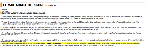 Le mail agroalimentaire - Avril 2011 - Monoprix lance sa première gamme de produits laitiers locaux