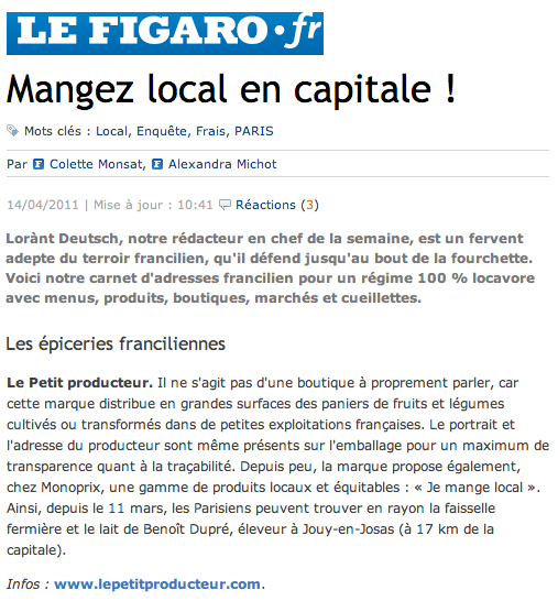 Mangez local en capitale ! Le Petit Producteur dans le guide Sortir à Paris du Figaro