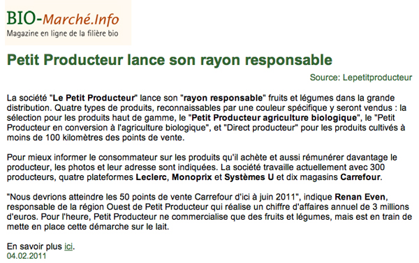 Le rayon responsable Le Petit Producteur sur Bio-Marché