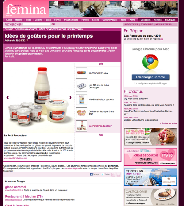 Femina.fr - Avril 2011- Idées de goûter pour le printemps : La gamme de produits laitiers Le Petit Producteur a tout bon !